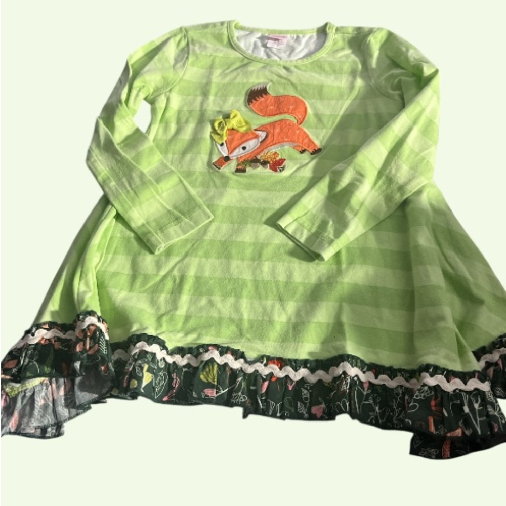 Ricrac & Ruffles Green Striped Tunic with Fox Design- Size 6